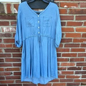 Torrid Blue Lyocell Chambray Shirt Dress Roll Tab Sleeve Pockets Plus Size 1 1X